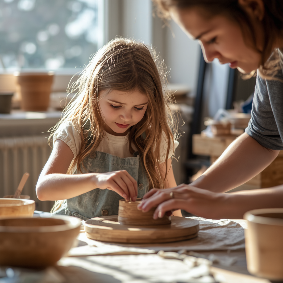 une photo d'un enfant créant avec un adulte une poterie atelier parent enfant de modelage